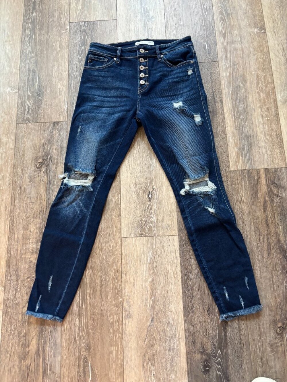 KanCan Jeans Womens 28 Dark Faded Skinny  Distressed Exposed Button Fly Maurices